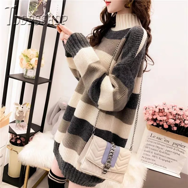 

2019 Thick Stand Collar Women Sweater Pullover Stripe Loose Winter Bottoming Female Sweaters