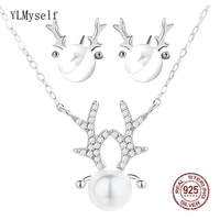 real 925 silver metal deer design necklace stud earrings set with 8 8 5mm handmade shell pearl cute 2pcs fine jewelry for girl