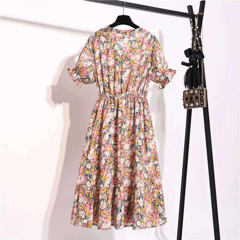 Женское платье из шифона 2020 летней моды с коротким рукавом, винтажный принт с цветочным узором, V-образный вырез, А-образный силуэт, кэжуал стиль "Women Chiffon Dress 2020 Summer Fashion Female Short Sleeve Vintage Printed Floral Casual Dresses V-n