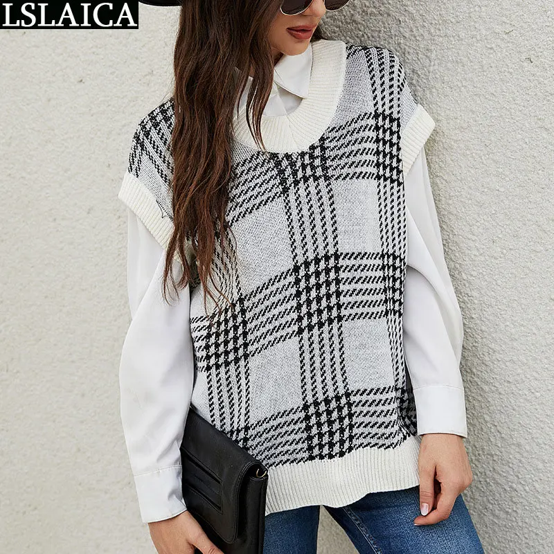 

Vest Winter Clothes Women V Neck Plaid Fashion Elegant Casual Sweater Vests Korean Sweet Chic Daily Bottoming Tops Female 2021
