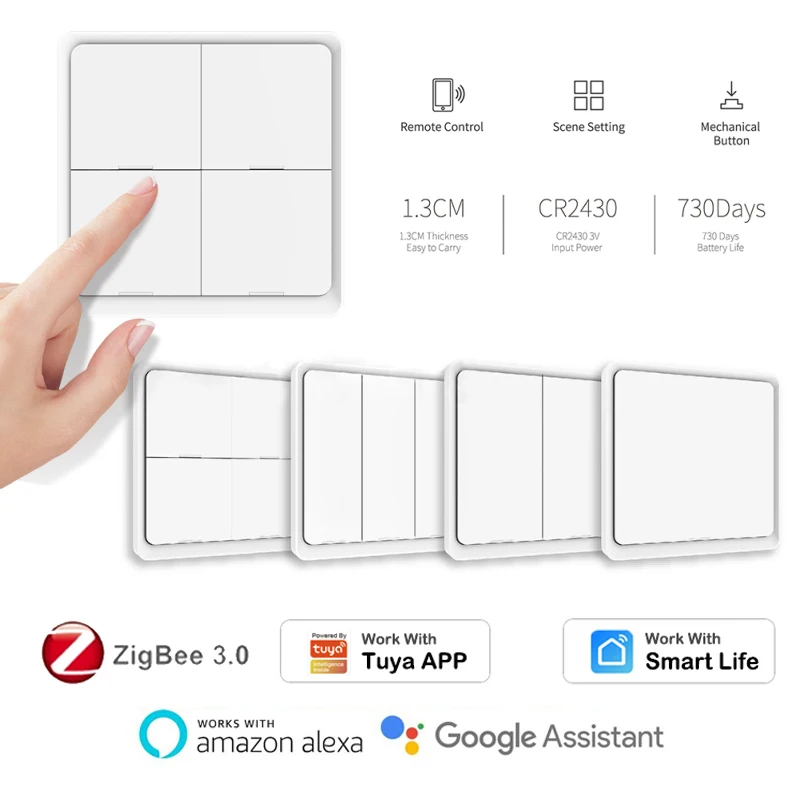

Беспроводной кнопочный контроллер Tuya ZigBee, 4 клавиши, 12 сцен, автоматизация умного дома через приложение smart Life, работает с Alexa Google
