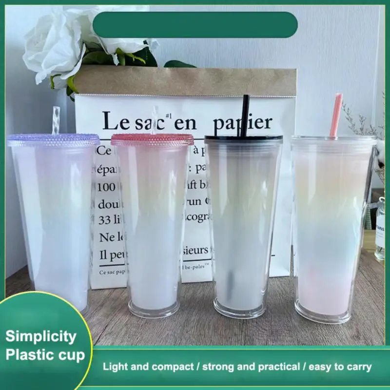 

710ML Plastic Straw Water Cup Temperature Color Changing Cup Coffee Cold Drink Cup With Straw Gradient Double-layer Water Mug