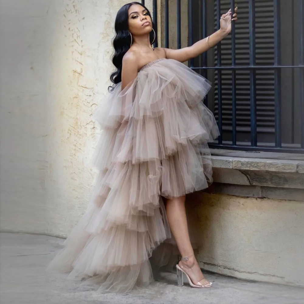 

Puffy Hi Low Champagne Prom Dresses Off Shoulder Also Wear As Skirt robe de bal femme longue Ruffles Tiered Party Dresses