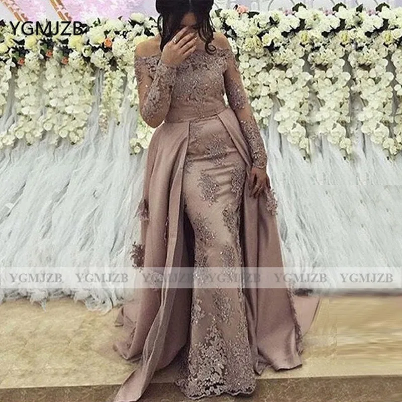 Off Shoulder Mermaid Prom Evening Dresses Long Sleeves 2020 Beading Sequined Dubai Arbic Formal Dresses Party Gowns Abendkleider