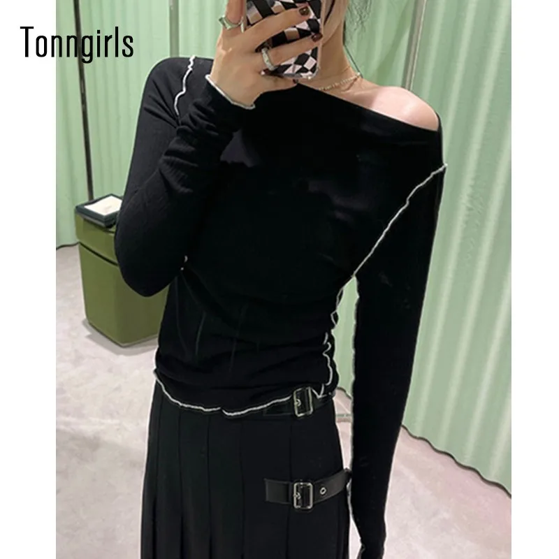 

Осенняя Готическая футболка Tonngirls с гофрированным рисунком, черная футболка с длинным рукавом, женская сексуальная облегающая футболка, то...