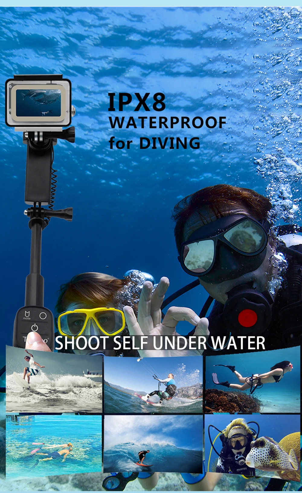 Tayogo Водонепроницаемая рукоятка подводная селфи палка для Gopro Дайвинг камера с Wi-Fi пульт дистанционного управления водостойкое использование океана