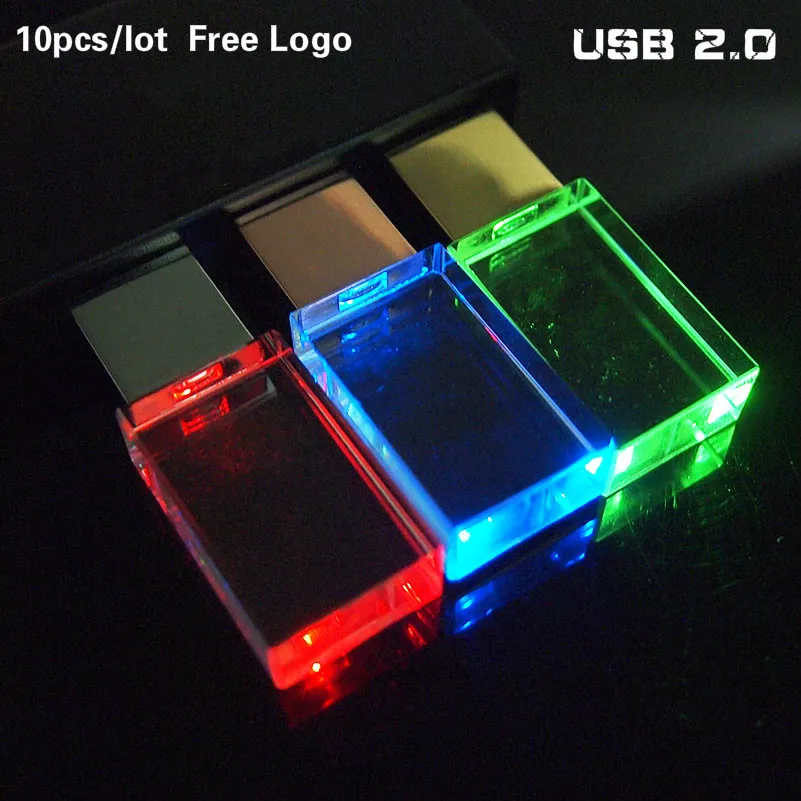 

Promotional Gift 10pcs/lot Crystal USB2.0 Free Logo Usb Flash Drive 4gb 8g Pendrive with LED Light 32gb 64gb Memory Stick U Disk