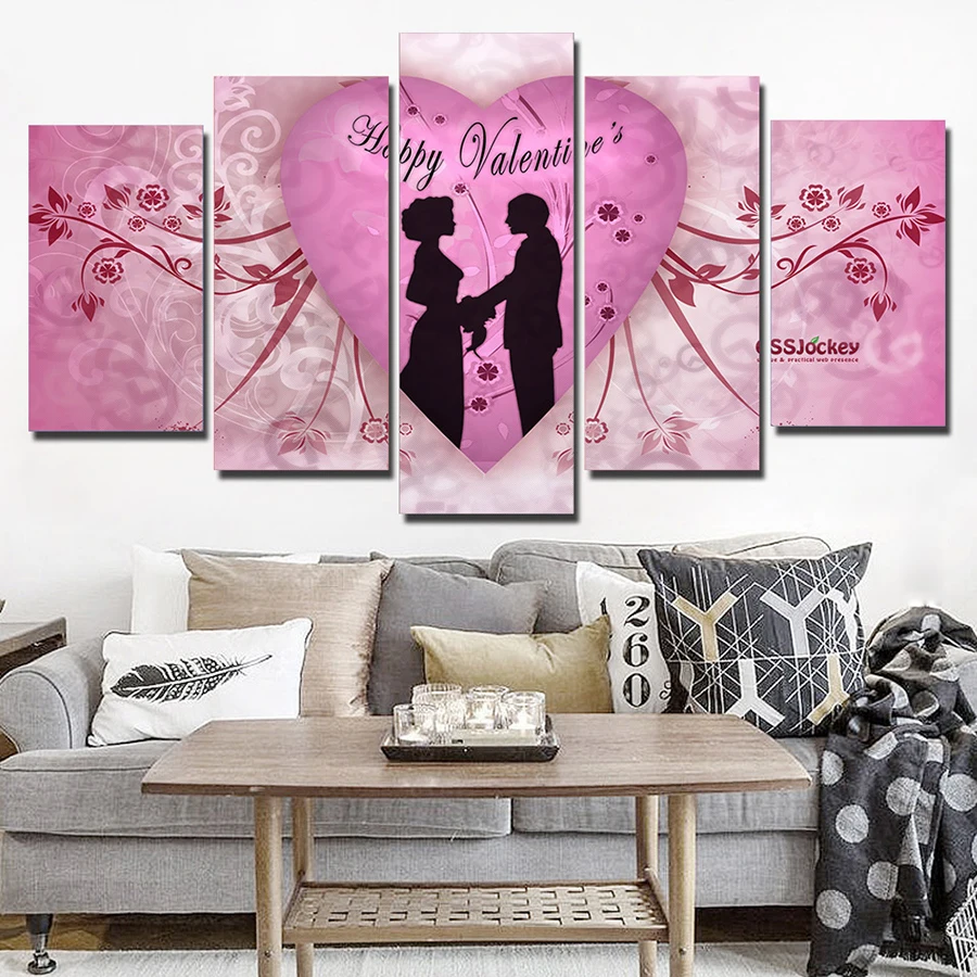

HD с 5 шт. холсте ко Дню Святого Валентина фото ЛЮБОВЬ пара розовое сердце Картина на стену для Гостиная Бесплатная доставка