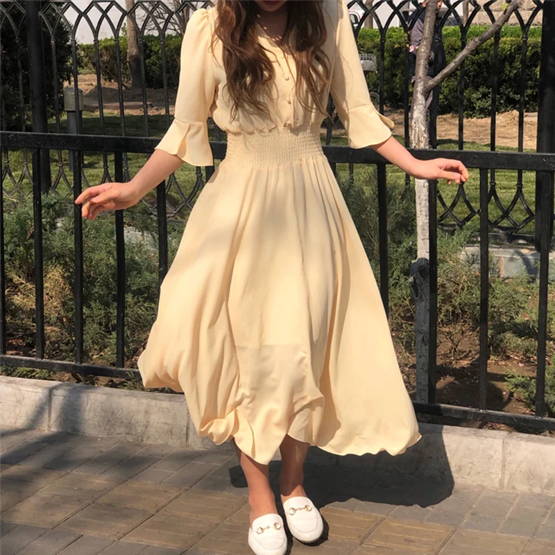 Женское винтажное платье с V-образным вырезом и рюшами средней длины завязками на