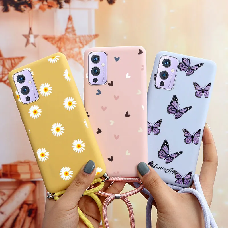 luxury lanyard necklace strap cord phone case for oneplus 9 pro 5g tpu heart bumper for one plus 9 9pro 19 oneplus9 back cover free global shipping