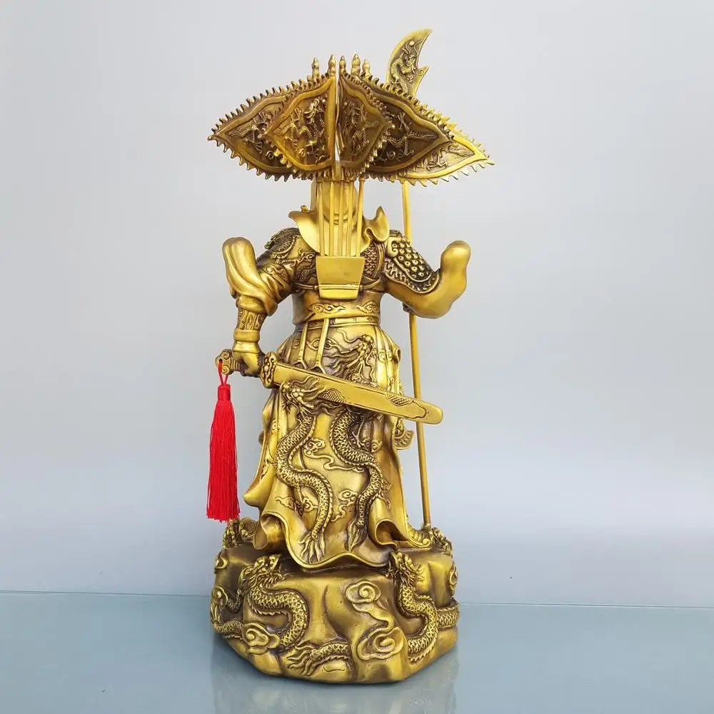 

18" Chinese Seikos Bronze Guan Gong Buddha Statue Dragon cloak Back guard flag Guan Gong knife Hanging sword Wusheng statue