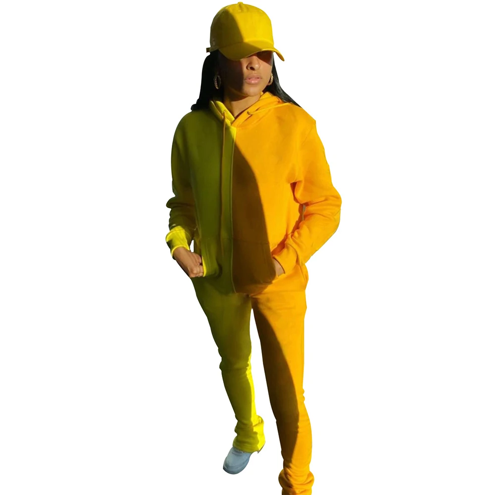 

Women Contrast Color Patchwork Hooded Tracksuit Full Sleeve Pockets Loose Sweatshirt and Bodycon Stacked Sweatpant 2 Piece Sets