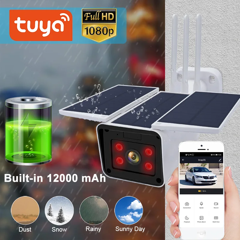 TUYA 1080P Solar Camera Outdoor Waterproof Wireless Battery Night Vision Two Way Audio built-in 12000mAh Smart Life APP | Безопасность и