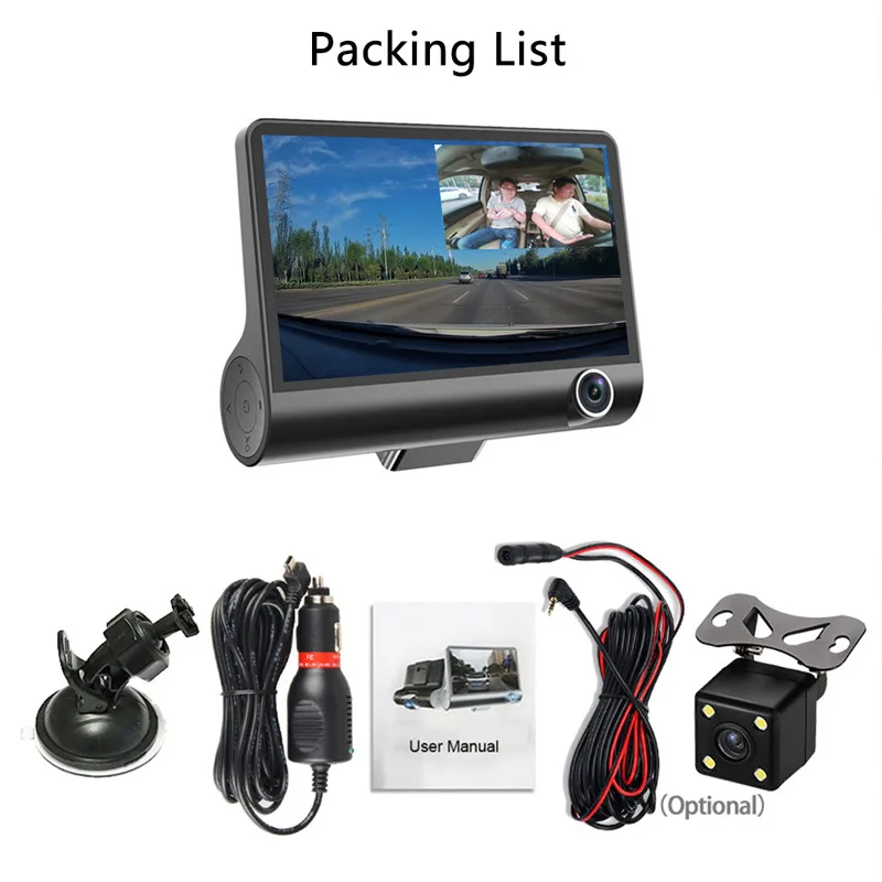

4-inch Three-lens Driving Recorder Three-record High-definition Night Vision Wide-angle Reversing Images Inside Outside The Car