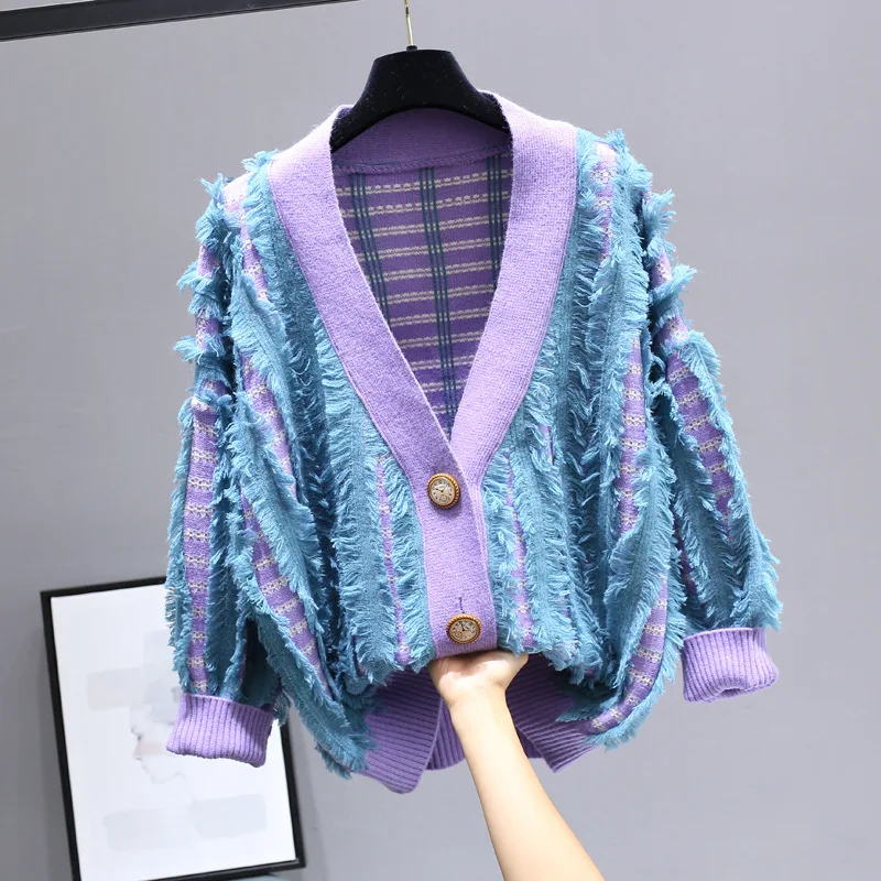 

Women Loose Lazy V-Neck Tassels Sweater Coat Spring Autumn Knit Striped Cardigan Fringed Jacket Holes OL Crop Tops Sueter Mujer