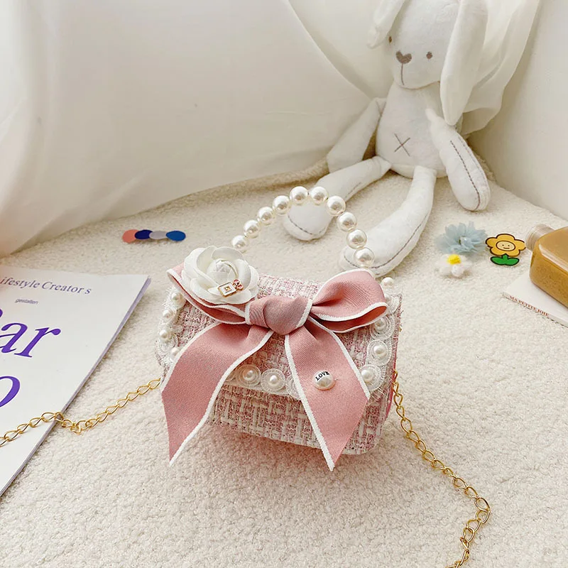 New Bow Children Pearl Crossbody Bag Rabbit Cute Baby Little Girl Mini Fashion Shoulder Chain Handbags For Kids