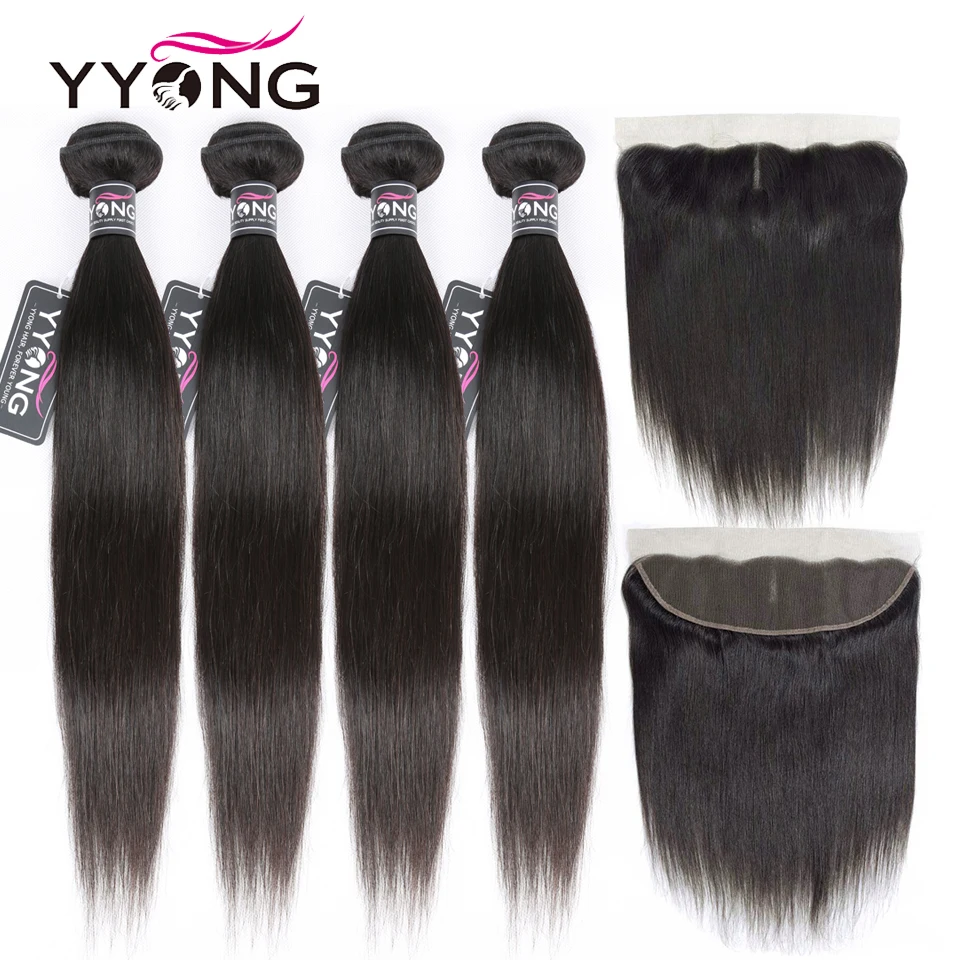 YYong бразильские прямые волосы 4 пряди с фронтальной 100% человеческие 13*4 свободной - Фото №1