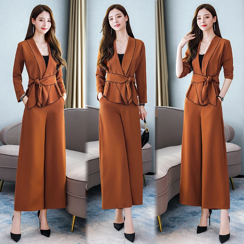 Женский офисный комплект из 2 предметов блузка с длинным рукавом и брюки широкими