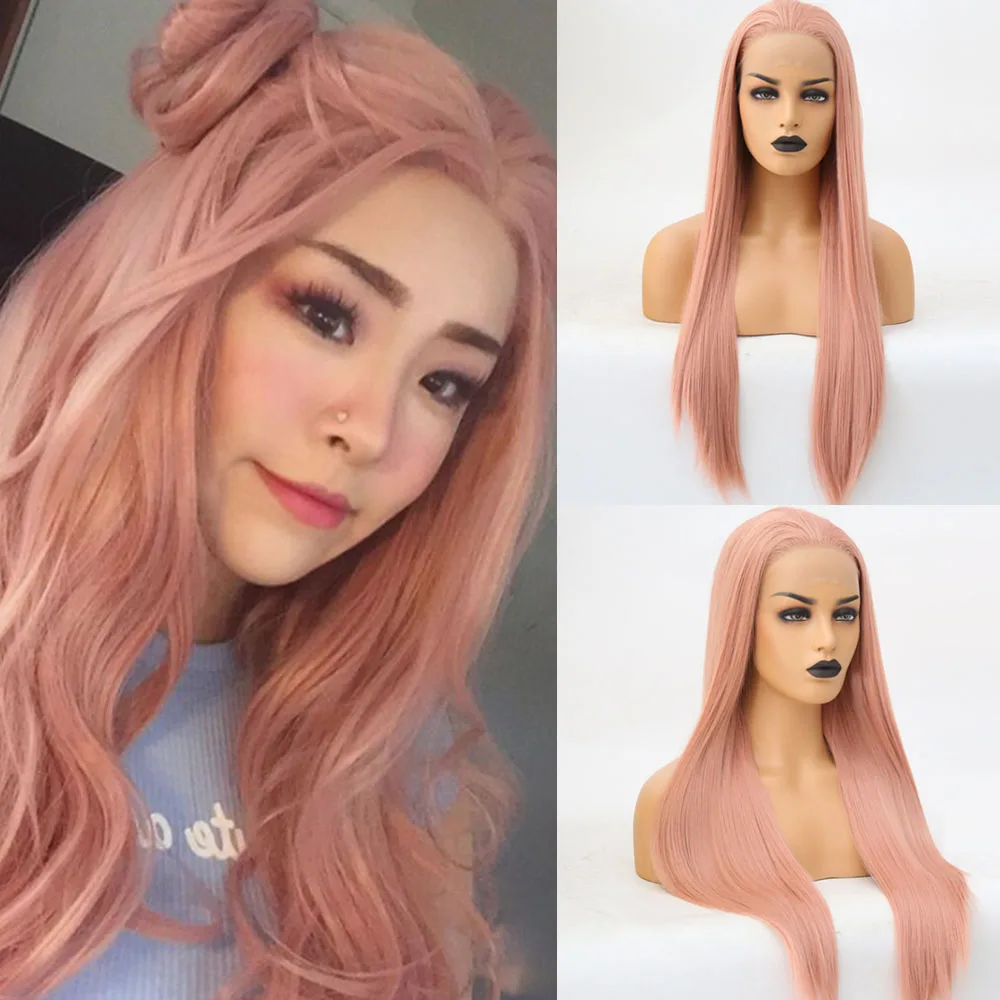 

Long Straight Lace Front Wigs Glueless Rose Pink Wig Heat Resistant Fiber Hair Natura Rose PinkStraight Synthetic 22 inch