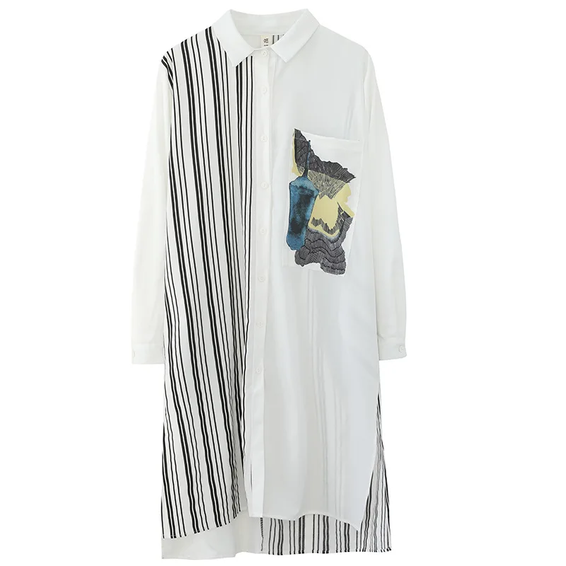 

LISYRHJH 2020 autumn new products plus size women's art loose stitching striped shirt women's mid-length casual cardigan women