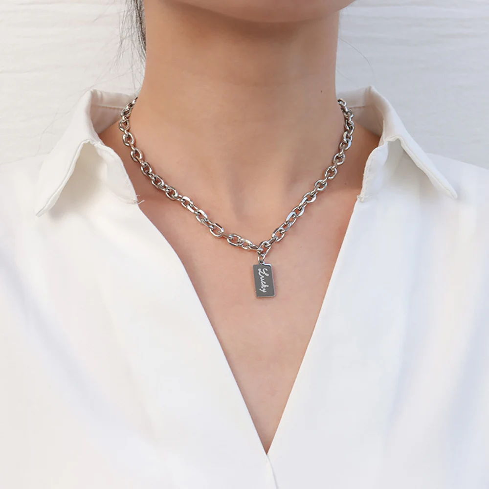 

HUHUI Custom Name Necklace Personality Nameplate RectanglePendant Stainless Steel Gold Chain Jewelry For Women Birthday Gift