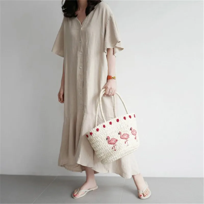

Loose Cotton and Linen Solid Dresses Butterfly Sleeve Ruffles V-neck Shirt Irregular Fishtail Knee-Length Dresses for Women