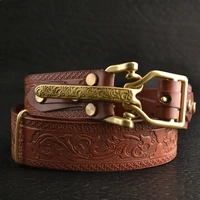 carving flower woven men leather belt casual retro flower buckle belt designer men for jeans belt pure copper buckle knight belt