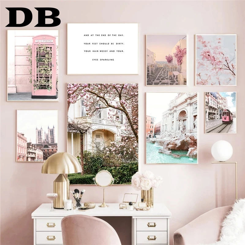 

Pink Flower Poster Wall Art Canvas Painting Scandinavian Scenery Picture Home Decor Print Nordic Poster For Living Room Design