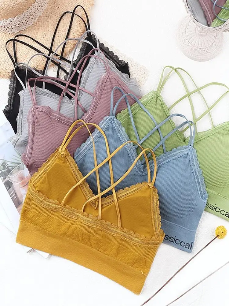 

Women'S New Korean Fashion Sexy Lace Beautiful Back Cross Straps Gathered Underwear Tube Top Candy Color Bra