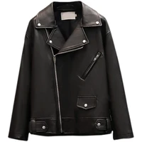 black pu leather turn down collar jacket button zipper moto style pocket coat fashion womens wild top spring autumn outwear