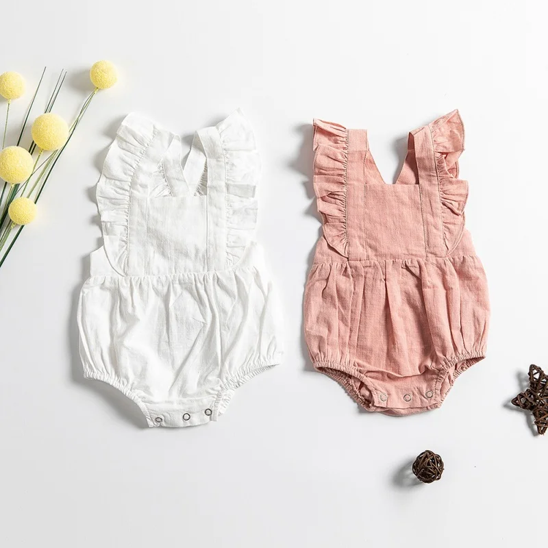 

Summer Cotton Bodysuits And Linen Baby girl Flying Sleeve Straps Lingerie Newborn Solid Color Ha Clothing White for 3M-24M