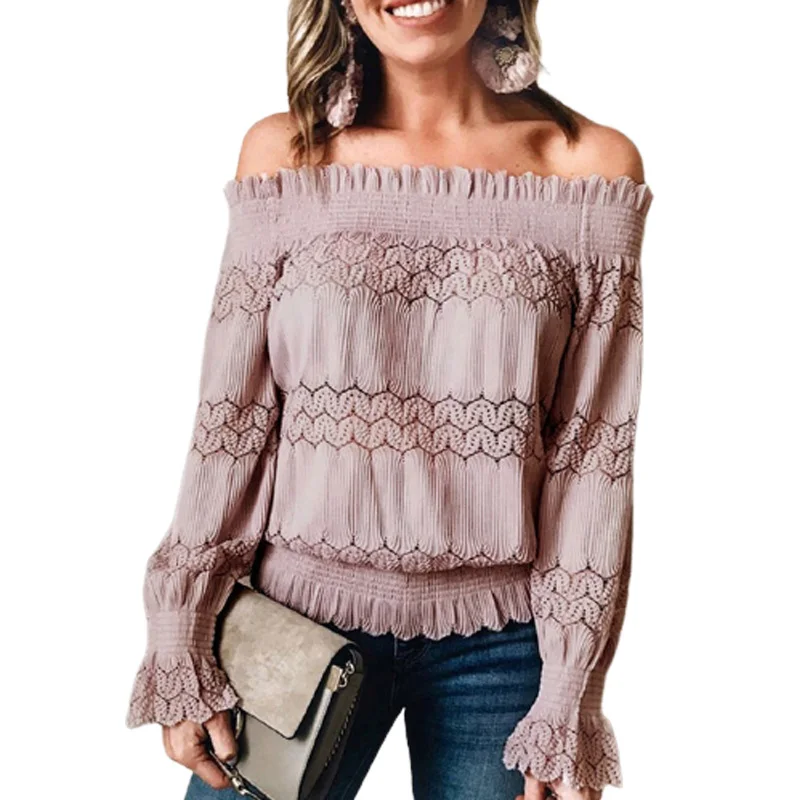 Женская кружевная блузка с вырезом лодочкой однотонная облегающая длинными