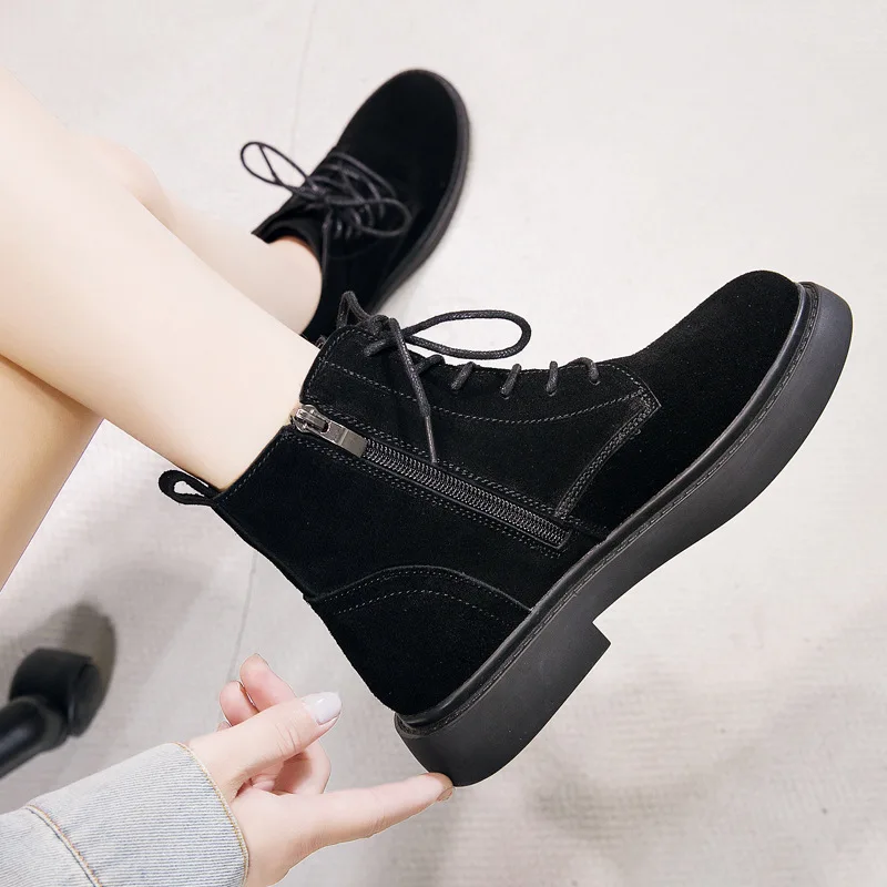 

Women Flat Ankle Boots Lace Up Suede Shoes Lady Black 2022 Autumn Fashion Ankle Boots Women Zipper Motorcycle Shoes for Women