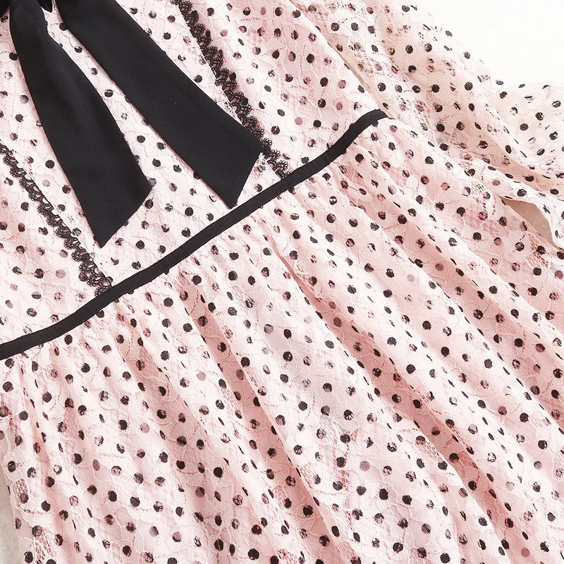

for 2021 Spring Dress Women Fashion New Designers Bow Neck Polka Dot Print Sweet Casual Lace Dress Female Vestidos