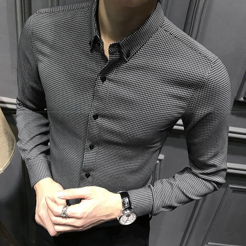 

British Spring Style Men Business Casual Shirts Men Long Sleeve Slim Fit Olaid Shirts Male Streetwear Social Blouses O299