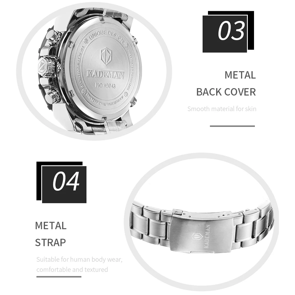 

KADEMAN New Men Watch Business Waterproof Date Watches Fashion Multifunction Stainless Steel Black Quartz Watch relojes para hom