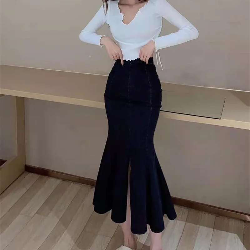 Юбка-Русалка Женская однотонная с высокой талией винтажная разрезом на осень