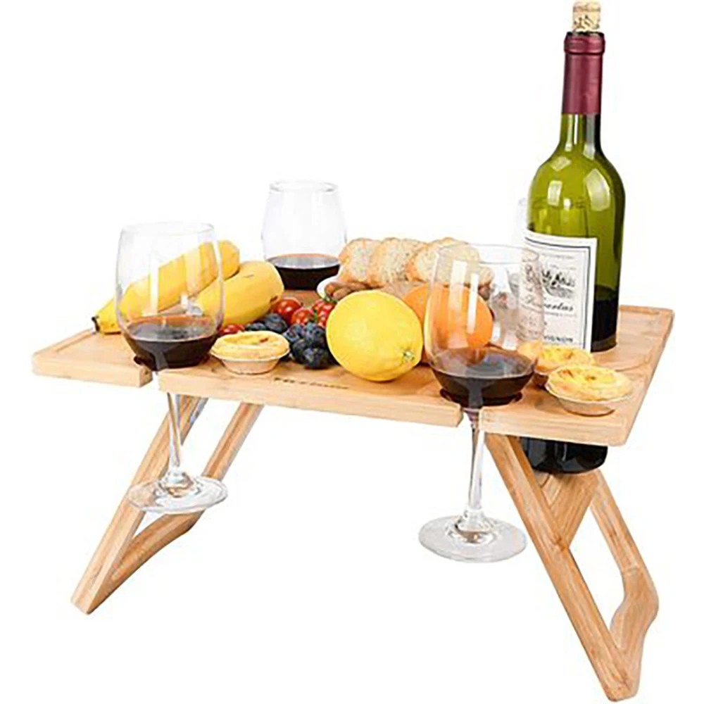 

Wooden Folding Picnic Table Portable Wine Racks Table Rectangular Outdoor Folding Camping Desk with Glass Rack Fruit Wine Desks