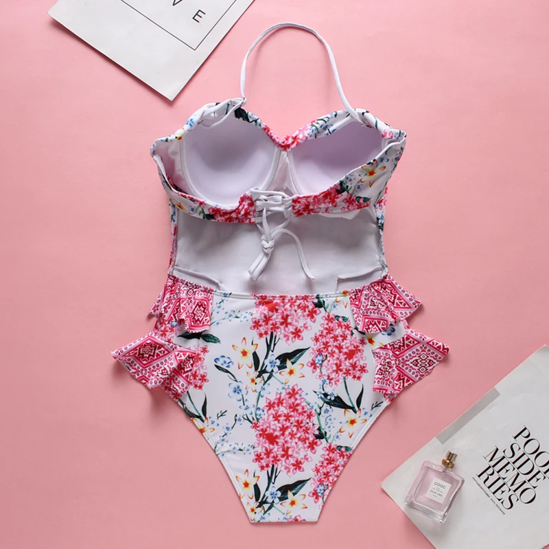 Новинка 2019 Цельный купальник с подкладкой сексуальный рюшами женская пляжная