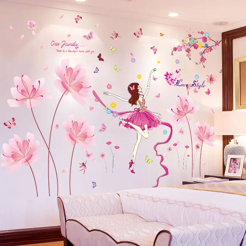 

[SHIJUEHEZI] Pink Flowers Plants Wall Stickers DIY Girl Dancer Wall Decals for Kids Bedroom Living Room Kitchen Home Decoration