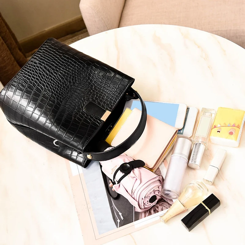 

Vintage Bucket Bag Ladies Crocodile Pattern Handbag Large Capacity Shoulder Messenger Bag Pu Wallet Tote Bag