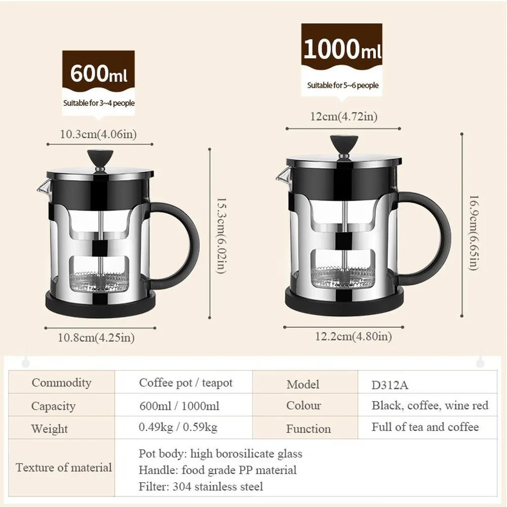 1000/600ml French Press Stainless Steel Coffee Pot Maker Glass Tea With Strainer Filter Kettle Teapots Machine | Дом и сад