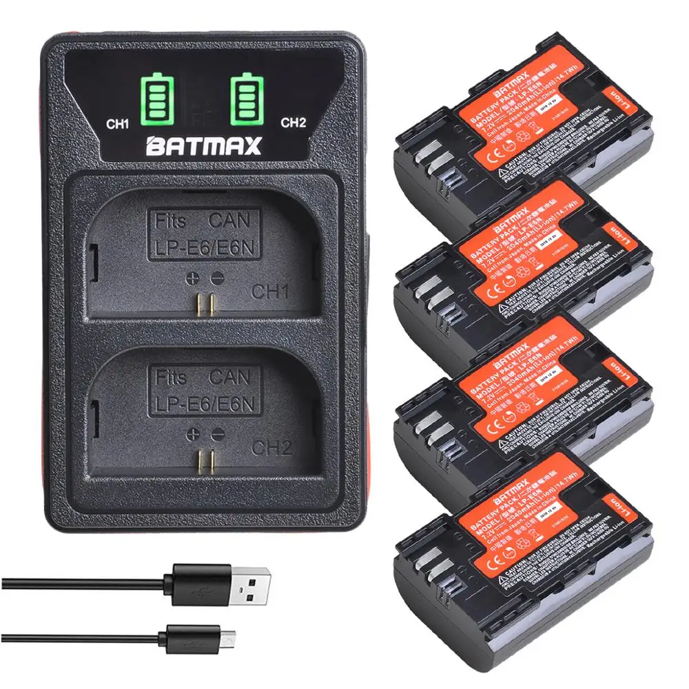 4X 2040 мА/ч LP E6 E6N Батарея Япония + светодиодный встроенный USB Зарядное устройство