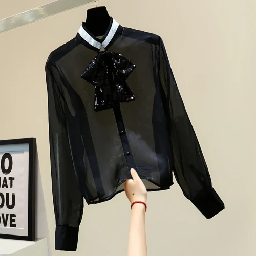 

Women's Glossy Shirt 2021 Spring Korean Style Loose Elegant Sequins Bow Long Sleeve Stand Collar Blouse Blusas