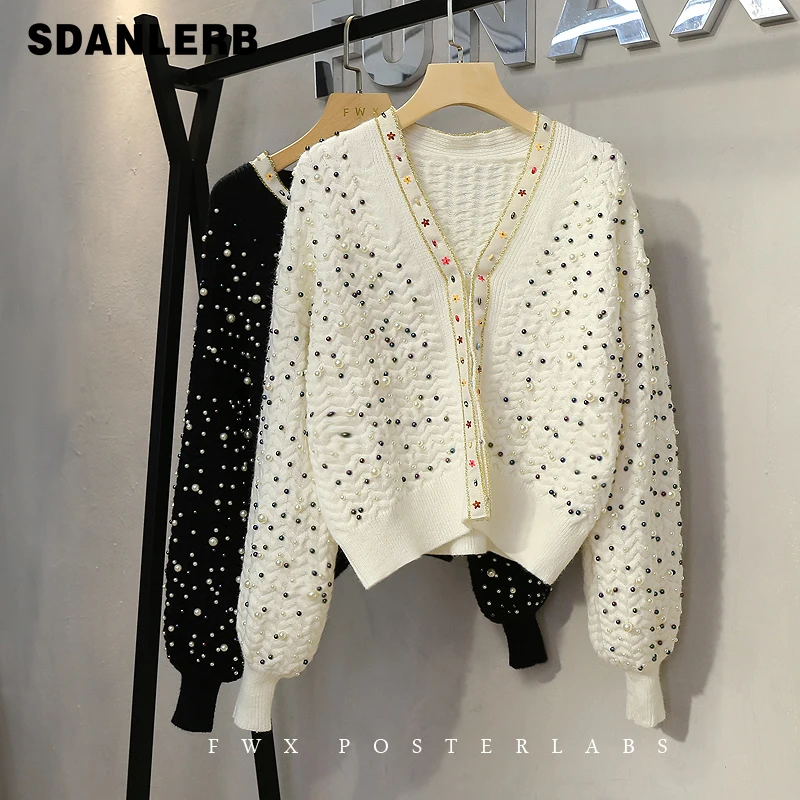 

Новинка Осень-зима 2021, свободный ветронепроницаемый подходящий ко всему тяжелый промышленный вязаный кардиган с бусинами и V-образным выре...