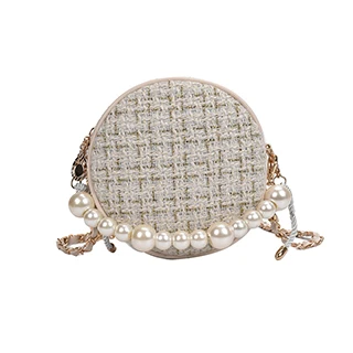 Бежевый bolsos модные женские сумки-почтальон, круглая сумка на плечо, дизайнерская сумка через плечо, твидовые сумки для женщин, жемчужное колье, сумка - Цвет: Бежевый