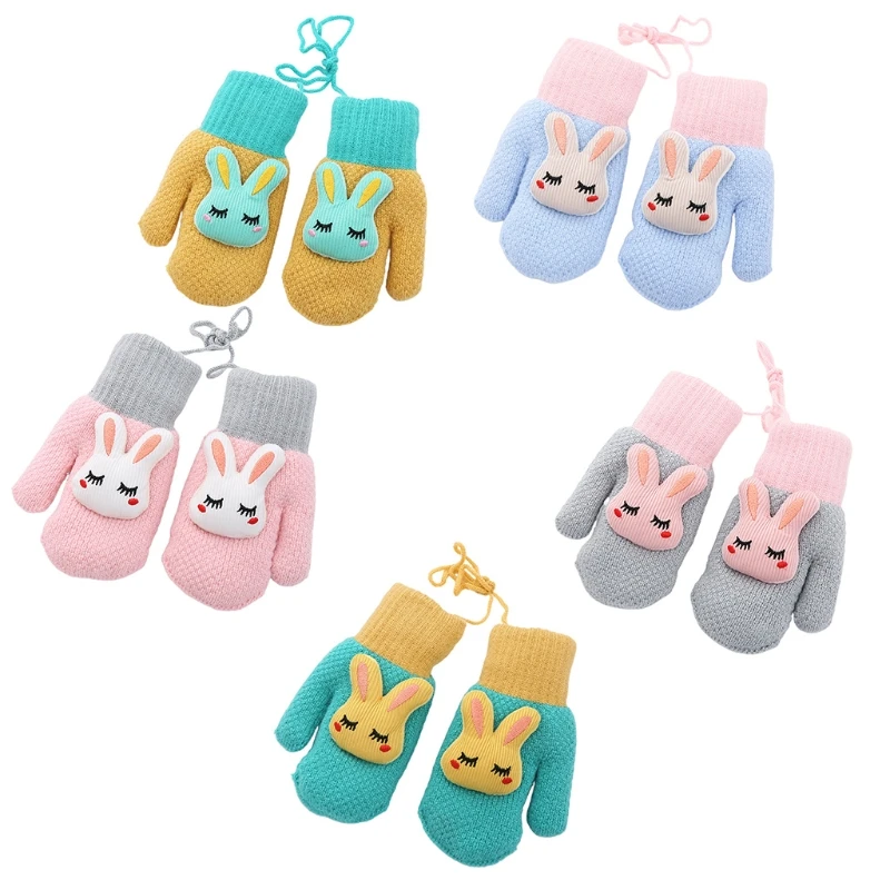 

Toddler Kids Knitted Mittens Fleece Lined Gloves Cold Weather Cartoon Bunny Mitten Lining Full Finger Gloves for Outdoor G5AE