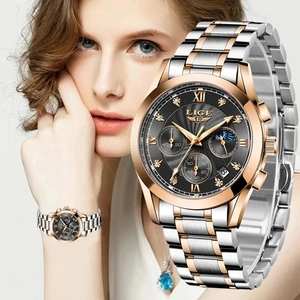 LIGE 2022 New Fashion Creative Gold Clock Top Brand Luxury All Steel Watch Women Casual Waterproof W