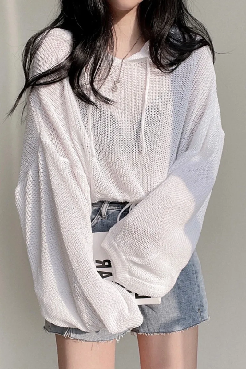 

Pinkou Women Cute Hooded Knitted Sweatshirt Short Style Long Sleeve See Through Pullovers White Mint Female Outwear Tops HA20