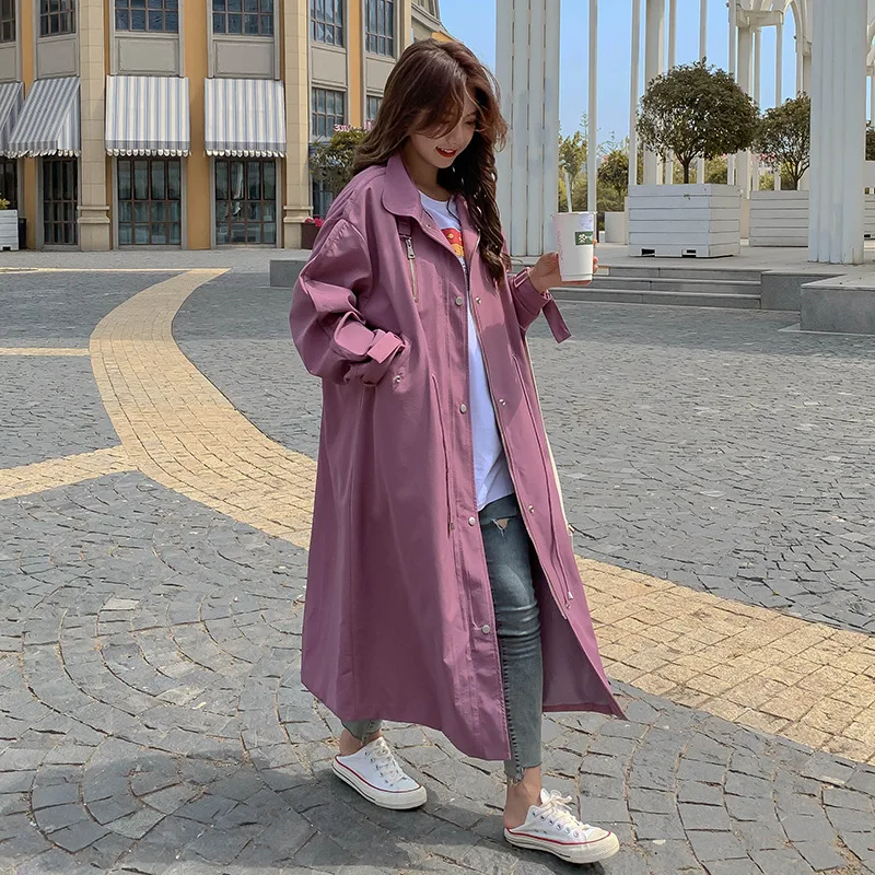 

2021 Plus Size Tooling Trench Coat Women's Drawstring Spring And Autumn Fashion Lapel Zipper Trench Coat